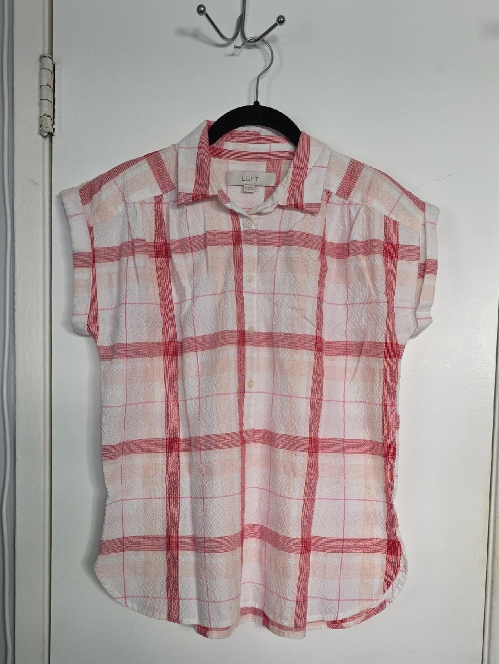 LOFT Pink & White Plaid Short Sleeve Button Shirt